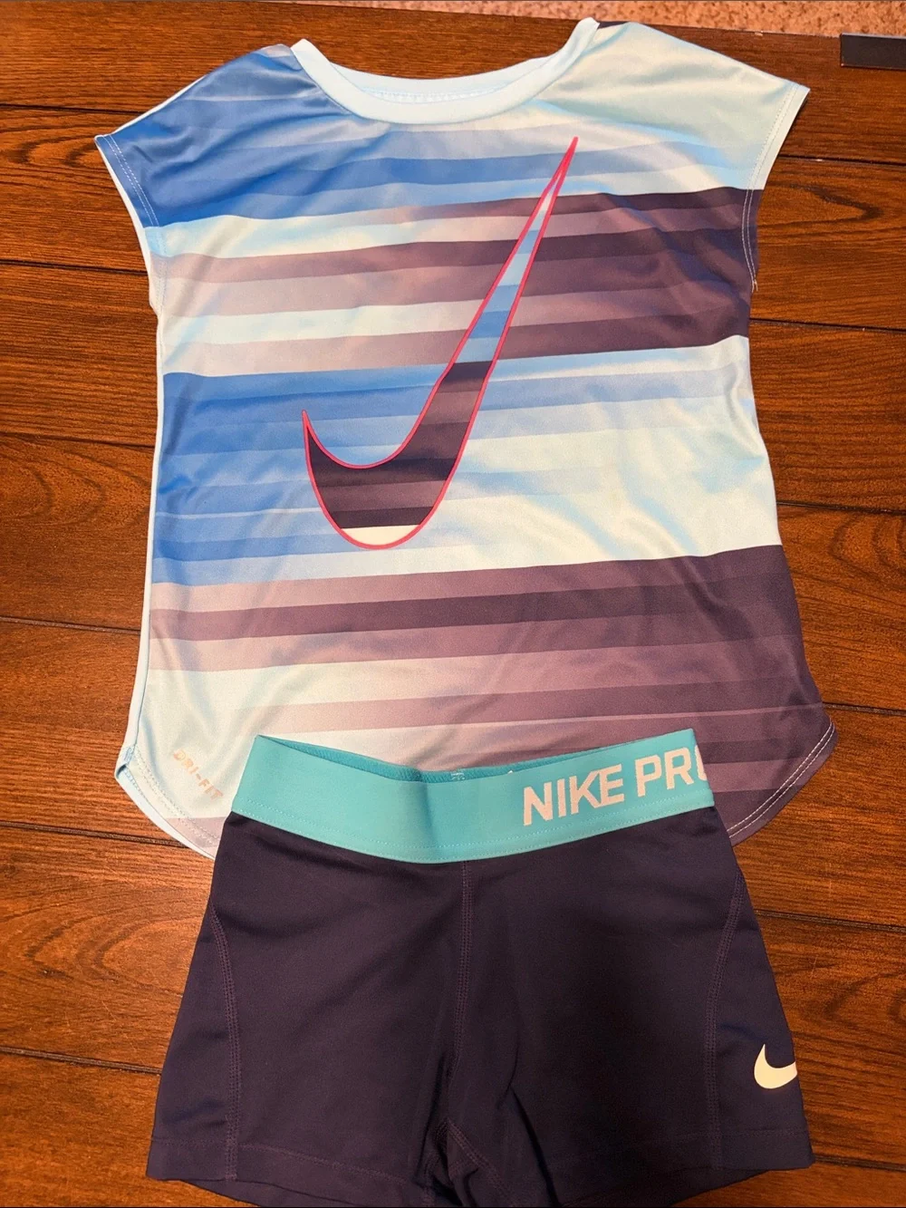 Nike Girls' Blue, Teal & Purple Striped Dri-FIT Top with Navy Nike Pro Shorts